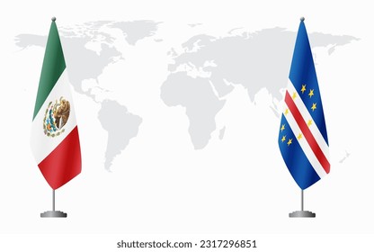 Mexico and Cape Verde flags for official meeting against background of world map.