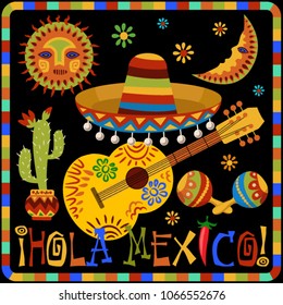 Mexico card design. Mexican holiday background. Design for Mexican holiday 5 may Cinco De Mayo. Vector template with traditional Mexican symbols