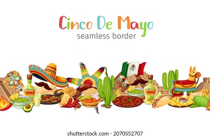 Mexico carnival Cinco de mayo seamless pattern border frame vector illustration, Mexican cuisine and festival symbols travel elements illustration. Fajitas, cactus, sombrero, pinata, burrito and flag