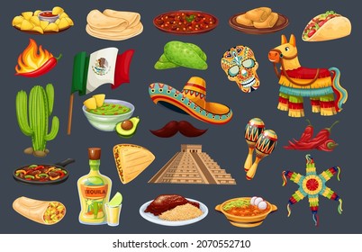 Mexico carnival Cinco de mayo vector icons, Mexican cuisine, traditional holiday fiesta food and festival symbols travel elements illustration. Fajitas, cactus, sombrero, pinata, burrito, flag and ets