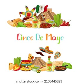 Mexico carnival Cinco de mayo banners vector illustration, Mexican cuisine and festival symbols travel elements illustration. Fajitas, cactus, sombrero, pinata, burrito and flag