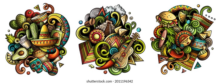 Mexico cartoon vector doodle designs set. Colorful detailed compositions with lot of Mexican objects and symbols. Isolated on white illustrations