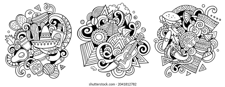 Mexico cartoon vector doodle designs set. Sketchy detailed compositions with lot of Mexican objects and symbols. Isolated on white illustrations