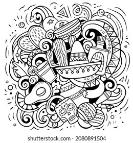 Mexico cartoon vector doodle illustration. Sketchy detailed composition with lot of Mexican objects and symbols.
