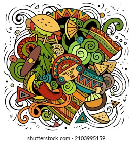 Mexico cartoon vector doodle illustration. Colorful detailed composition with lot of Mexican objects and symbols.