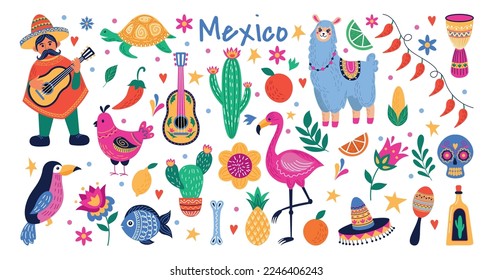 Mexico celebrate symbols. Mexican musician. Guitar and sombrero. Desert cactus. Ethnic fish and turtle. Holiday party or travel nature elements set. Funny llama. Vector doodle illustration