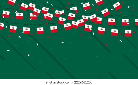 Mexico celebration bunting flags with confetti and ribbons on green background. vector illustration.