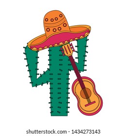 Mexico celebrations cactus and mariachi hat with guitar cartoons vector illustration graphic design