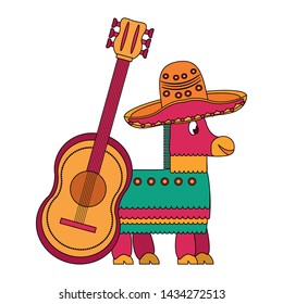 Mexico celebrations pinata mariachi aht and guitar cartoons vector illustration graphic design