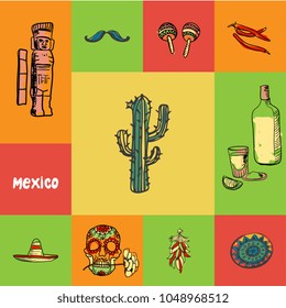 Mexico checkered concept in national colors. Cactus, tequila, chilli pepper, maracas, mustache, monument, sombrero, skull, ornament hand drawn vector icons. Country related doodle symbols and text