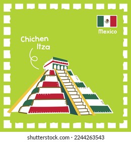 Mexico Chichen Itza landmark illustration with cute stamp design