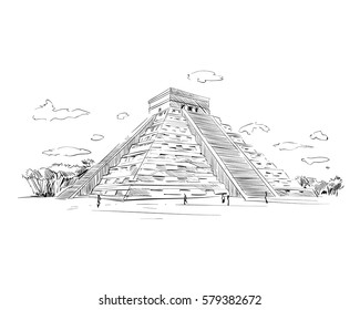 Mexico. Chichen Itza.Kukulkan. Hand drawn vector illustration.