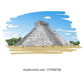 Mexico. Chichen Itza.Kukulkan. Hand drawn vector illustration.