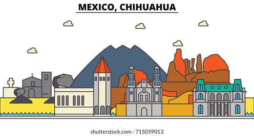 Mexico, Chihuahua. City skyline, architecture, buildings, streets, silhouette, landscape, panorama, landmarks, icons. Editable strokes. Flat design line vector illustration concept