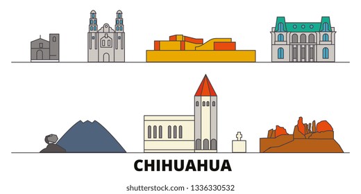 Mexico, Chihuahua flat landmarks vector illustration. Mexico, Chihuahua line city with famous travel sights, skyline, design. 