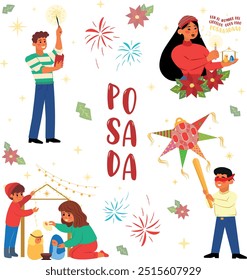 México Navidades posada ilustración, piñata, peregrinos, nacimiento