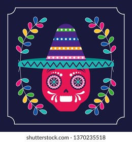 Mexico cinco de mayo colorful skull with mariacho hat vector digital image illustration