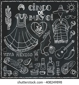 Mexico Cinco de Mayo doodle elements,holiday set,lettering.Vector Hand drawn sketchy icons.Vintage design background.Mexican food,dress,signs.Illustration.Happy 5th May day