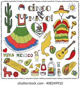 Mexico Cinco de Mayo doodle elements,holiday set,lettering.Vector Hand drawn sketchy icons.Vintage Mexico design background.Mexican food,dress,signs.Mexican  Illustration.Happy 5th May day