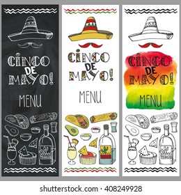 Mexico Cinco de Mayo doodle elements,holiday menu,poster.Vector Hand drawn sketchy icons,lettering.Vintage design template background.Mexican food,restaurant set.Retro Illustration.Happy 5th  May day