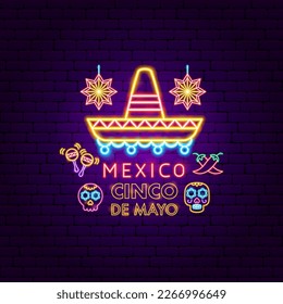 Mexico Cinco de Mayo Neon Concept. Vector Illustration of Hispanic Religion Holiday Glowing Led Electric Light.