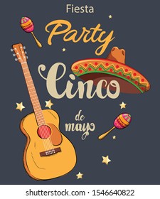 Mexico Cinco de Mayo party invitation card with guitars, colorful maracas, sombrero hat and shiny stars. Vector