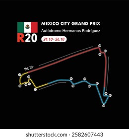 Mexico Circuit 2025 map, vector isolated illustration for racing calendar, ready to print