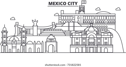 Dibujo de la línea de la línea de arquitectura de Ciudad de México. Paisaje de ciudad vectorial lineal con puntos de referencia famosos, vistas de la ciudad, iconos de diseño. Paisaje con trazos editables