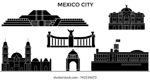 Mexico City architecture urban skyline with landmarks, cityscape, buildings, houses, ,vector city landscape, editable strokes