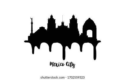 Mexico City black skyline silhouette vector illustration on white background with dripping ink effect.
