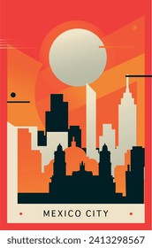 Mexico city brutalism poster with abstract skyline, cityscape retro vector illustration. Mexico travel front cover, brochure, flyer, leaflet, business presentation template image