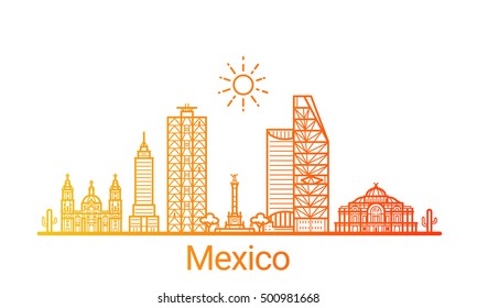 Mexico city colored gradient line. All Mexico buildings - customizable objects with opacity mask, so you can simple change composition and background fill. Line art.