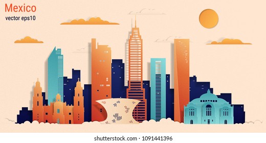 Mexico city colorful paper cut style, vector stock illustration. Cityscape with all famous buildings. Skyline Mexico city composition for design 