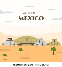 Mexico city colorful template. Welcome to mexico poster. Cityscape with all famous buildings. Around the world. National cultural element flat vector illustration. Travel and tourist attraction