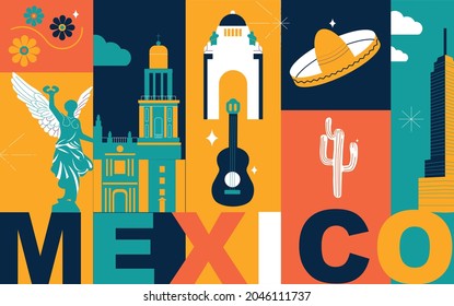 Establecimiento de viajes culturales en la Ciudad de México, arquitecturas famosas y especialidades de diseño plano. El concepto de turismo de negocios mexicano. Imagen para presentación, banner, sitio web, anuncio, volante, hoja de ruta, iconos