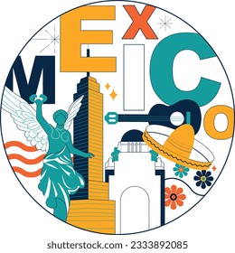 Establecimiento de viajes culturales en la Ciudad de México, arquitecturas famosas y especialidades de diseño plano. El concepto de turismo de negocios mexicano. Imagen para presentación, banner, sitio web, anuncio, volante, hoja de ruta, iconos