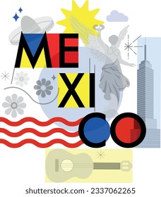 Establecimiento de viajes culturales en la Ciudad de México, arquitecturas famosas y especialidades de diseño plano. El concepto de turismo de negocios mexicano. Imagen para presentación, banner, sitio web, anuncio, volante, hoja de ruta, iconos