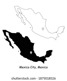 Mexico City, Mexico. Detailed Country Map with Location Pin on Capital City. Black silhouette and outline maps isolated on white background. EPS Vector