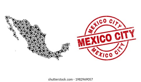 Insignia de la ciudad de México, y mosaico de mapas de elementos del avión de México. Mapa de México mosaico construido con aviones. Bandera roja con etiqueta de la Ciudad de México, y textura de caucho de socorro.