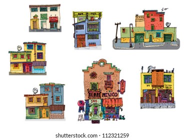 mexico city facades - cartoon - set