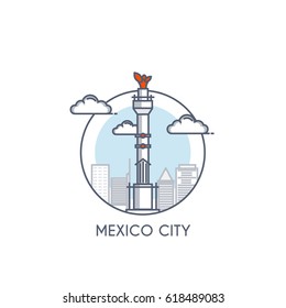 Mexico city flat line color icon with caption. City logo, landmark, vector symbol. Vector Illustration isolated on white background.