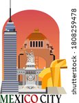 Mexico city iconic monuments and buildings  -  Latino tower, Revolution Monument, Juarez Memorial and El Caballito. 