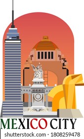 Mexico city iconic monuments and buildings  -  Latino tower, Revolution Monument, Juarez Memorial and El Caballito. 