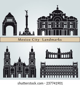 Mexico City landmarks and monuments isolated on blue background in editable vector file