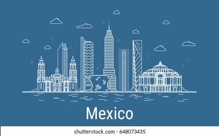 Mexico city, Line Art Vector illustration with all famous towers. Linear Banner with Showplace, Skyscrapers and hotels. Composition of Modern buildings, Cityscape. Mexico buildings set