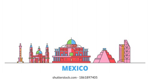 Paisaje urbano en línea México, Ciudad de México, vector plano. Punto de referencia de la ciudad de viajes, ilustración de oultine, íconos del mundo de la línea