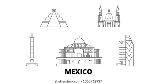 Línea aérea de México, Ciudad de México. México, Ciudad de México esbozan ilustración, símbolo, monumentos, monumentos.