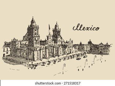 Mexico City Metropolitan Cathedral, vintage engraved vector illustration, hand drawn, sketch.