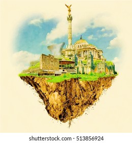 MEXICO city on floating land water vector color illustration 