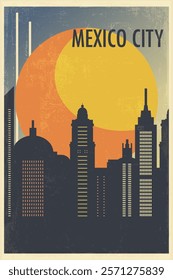 Mexico City retro city poster with abstract shapes of skyline, buildings. Mexico vintage travel vector illustration, cityscape at sunrise, sunset